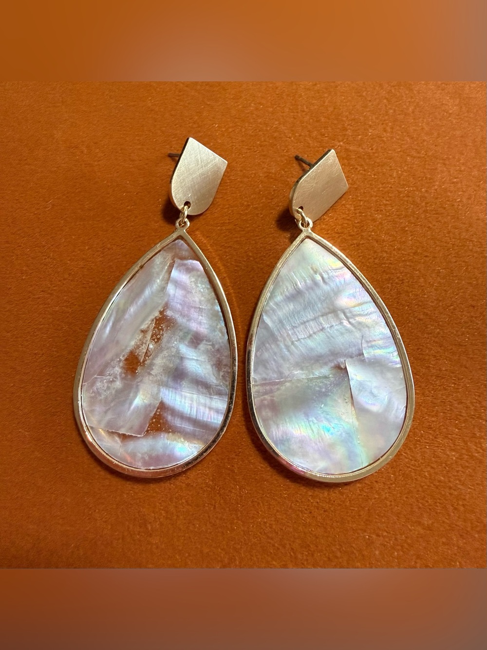 Iridescent Mother of Pearl Shell Style Teardrop Gold Tone Statement Earrings